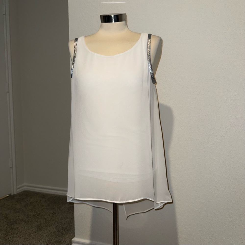 White Chiffon Sleeveless Blouse w/ Silver Detailing